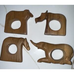 Safari Animal Napkin Ring Holders Hand Carved Wooden Set Of 4 Table Decor